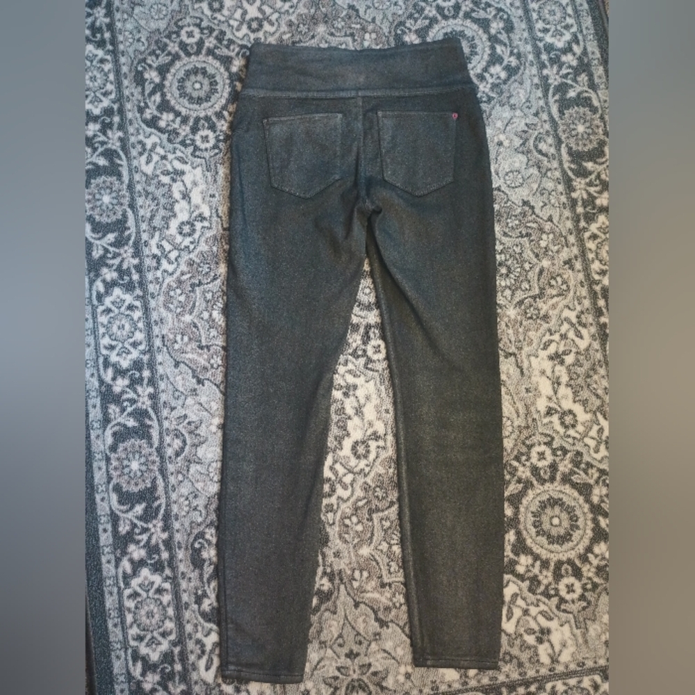Spanx Solace Wax Denim Leggings Medium Gray Shimmer Stretch Slimming Glam - Picture 2 of 12
